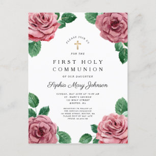 Floral Pink Peonies Girl Religious First Communion Einladungspostkarte