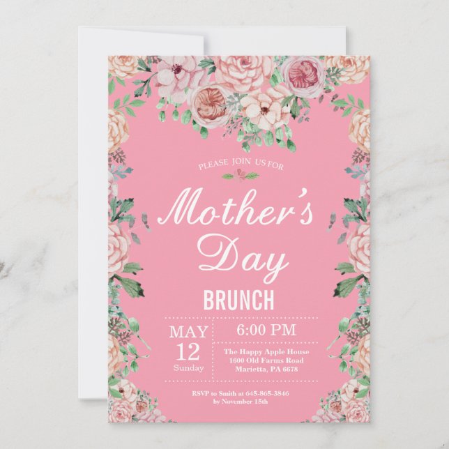 Floral Pink Peonies Mütter Tag Brunch Einladung (Vorderseite)