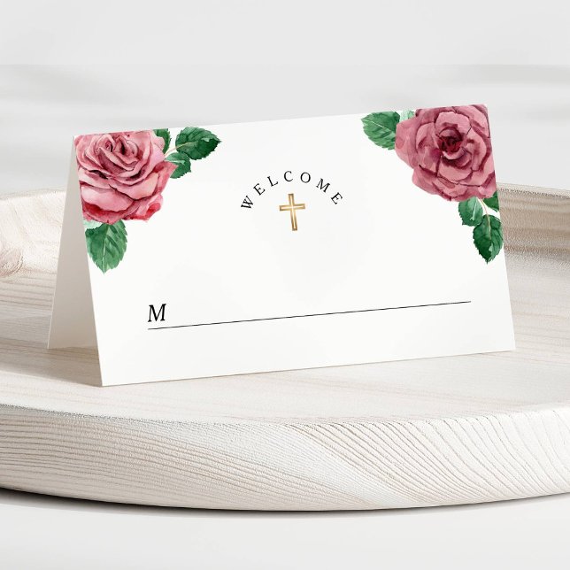 Floral Pink Peonies Religiöse Erste Kommunion Platzkarte (Floral Pink Peonies Religious First Communion Place Card)