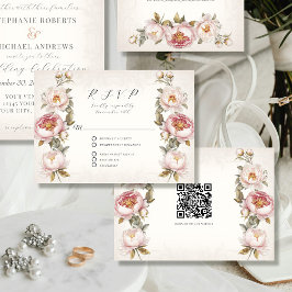 Floral Pink Peony Eleganspring QR-Code Hochzeit RSVP Karte