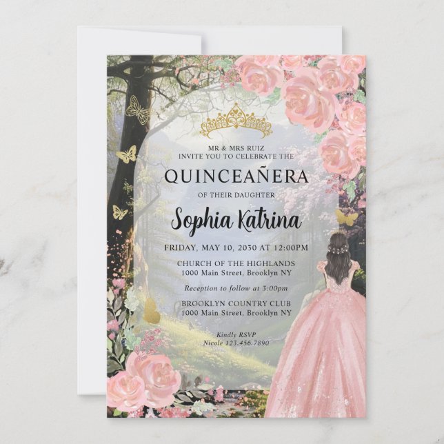 Floral Pink Princess Forest Birthday Quinceanera Einladung (Vorderseite)