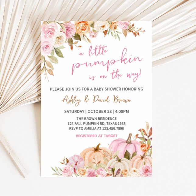 Floral Pink Pumpkin Baby Dusche Einladung (Pink Floral Pumpkin Baby Shower Invitation)