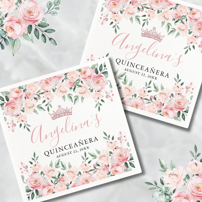 Floral Pink Quinceañera Serviette (Floral Pink Quinceañera Napkins)