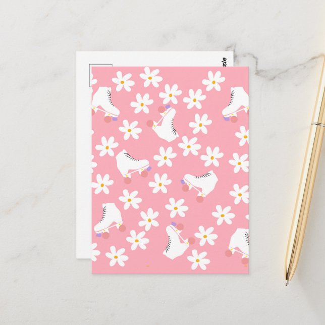 Floral Pink Roller Skate Roller Skaten Postkarte (Vorderseite/Rückseite Beispiel)