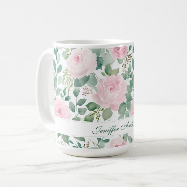 Floral Pink Rose with Custom Name Kaffeetasse (Vorderseite Links)