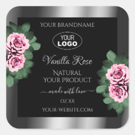 Floral Pink Roses Silver Black Product Labels Logo Quadratischer Aufkleber