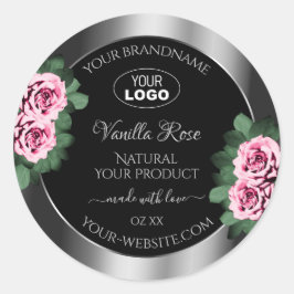 Floral Pink Roses Silver Black Product Labels Logo Runder Aufkleber