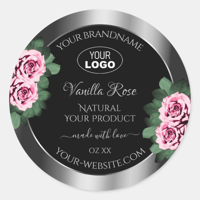 Floral Pink Roses Silver Black Product Labels Logo Runder Aufkleber (Vorderseite)