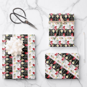 Floral Pink, schwarz und weiß Streifen Vintage Mus Geschenkpapier Set