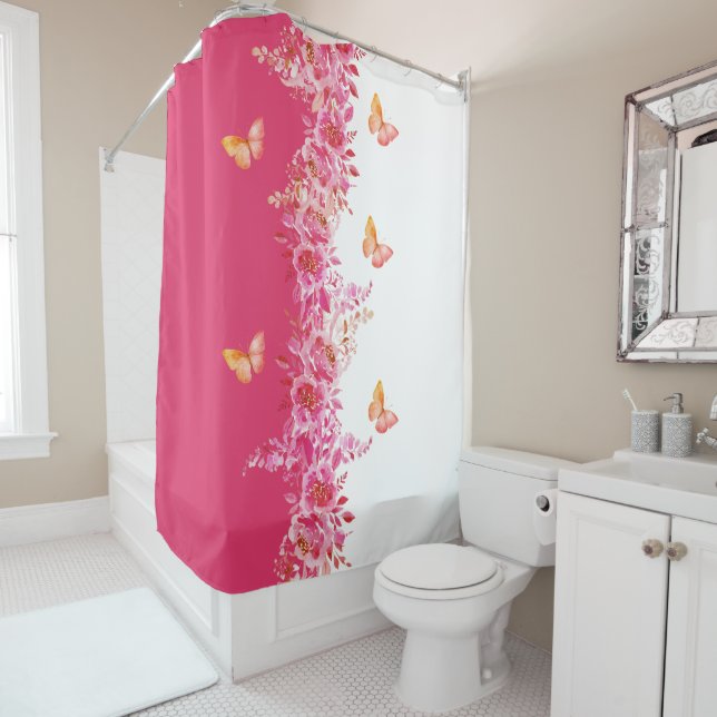 Floral Pink Shower Curtain with Graceful Butterfly Duschvorhang (Beispiel)