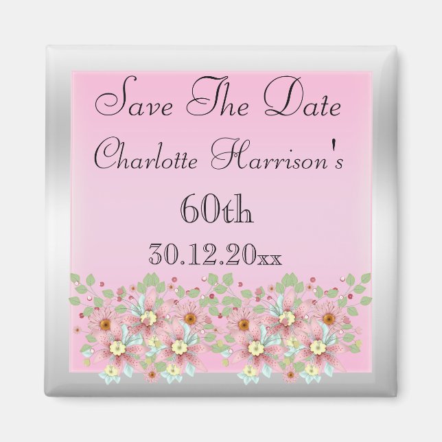 Floral Pink & Silver 60. Magnet (Vorne)