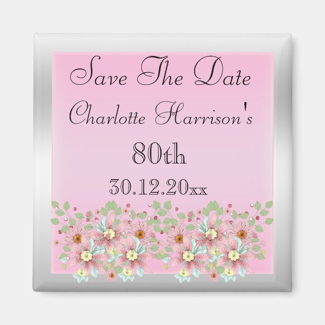 Floral Pink & Silver 80. Magnet (Vorne)
