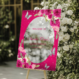 Floral Pink Silver Tiara Butterfly Quinceañera Acrylschild