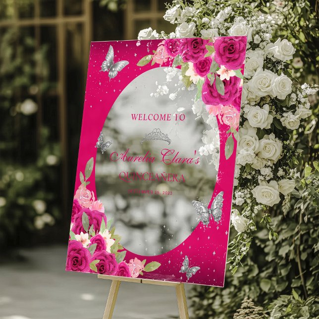 Floral Pink Silver Tiara Butterfly Quinceañera Acrylschild (Von Creator hochgeladen)