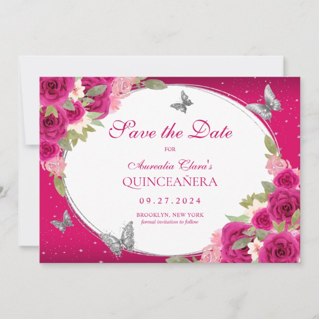 Floral Pink Silver Tiara Butterfly Quinceanera Save The Date (Vorderseite)