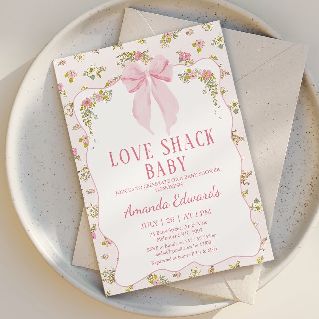 Floral Pink Tiny Bow Liebe Shack Baby Dusche Einladung (Love Shack Baby Shower Invitation, Love Shack Fancy Invite, Love Shack Fancy Baby Shower Invitation)