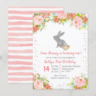 Floral Pink und Silver Bunny Birthday Floral Einladung