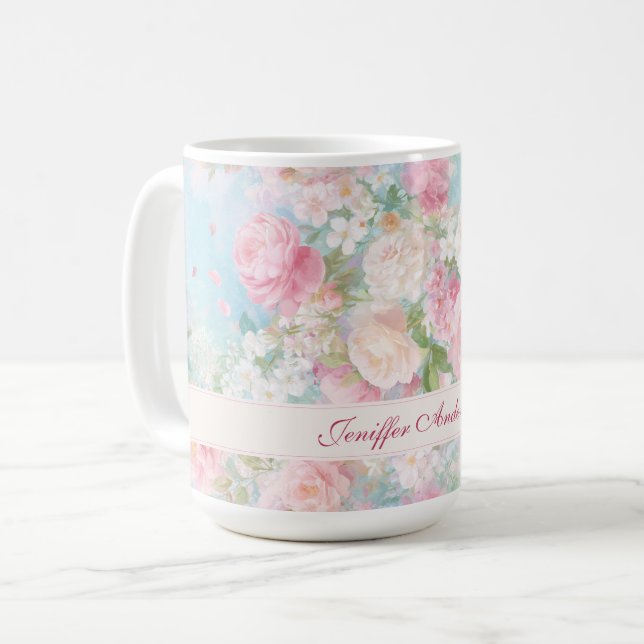 Floral Pink & White Roses with Custom Name Kaffeetasse (Vorderseite Links)