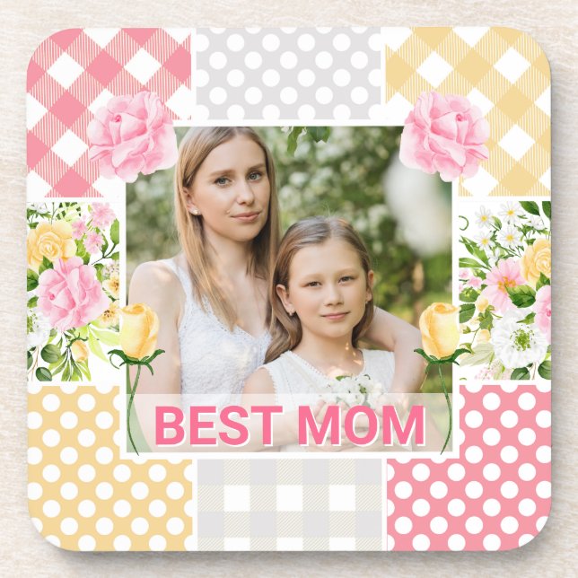 Floral & Plaid Photo Frame Mother's Day Getränkeuntersetzer (Vorderseite)