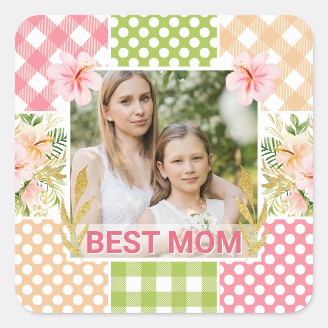Floral & Plaid Photo Frame Mother's Day Quadratischer Aufkleber (Vorderseite)