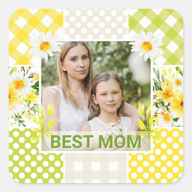 Floral & Plaid Photo Frame Mother's Day Quadratischer Aufkleber (Vorderseite)
