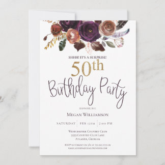 Floral Plum Gold Überraschung 50. Geburtstagsparty Einladung