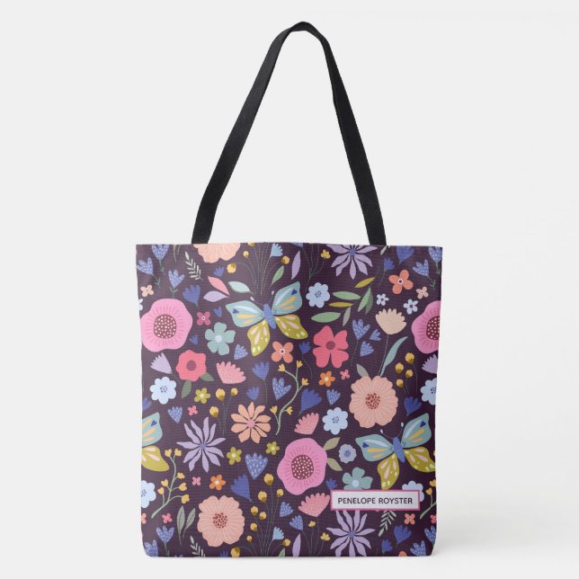 Floral & Plum Name Tote Bag (Vorderseite)