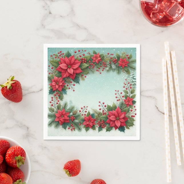 Floral Poinsettia Frosty Pine Border Découpage Serviette (Beispiel)