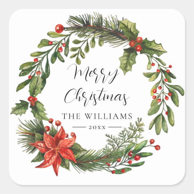 Floral Poinsettia Grüne Familie Weihnachten Custom Quadratischer Aufkleber (Vorderseite)