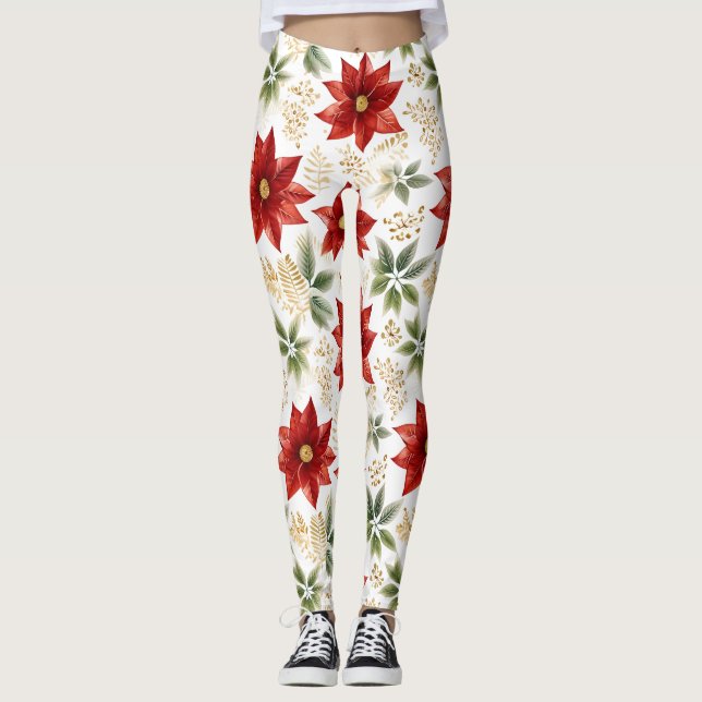 Floral Poinsettia Rote Blume Leggings (Vorderseite)