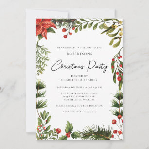 Floral Poinsettia Script Greenery Weihnachtsfest P Einladung