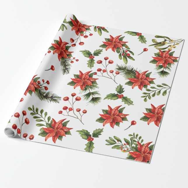 Floral Poinsettia Weihnachtsfeiertag Geschenkpapier (Ungerollt)