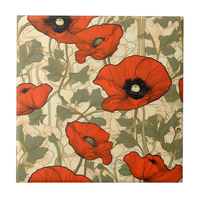 Floral Poppies Art Nouveau Fliese (Vorderseite)
