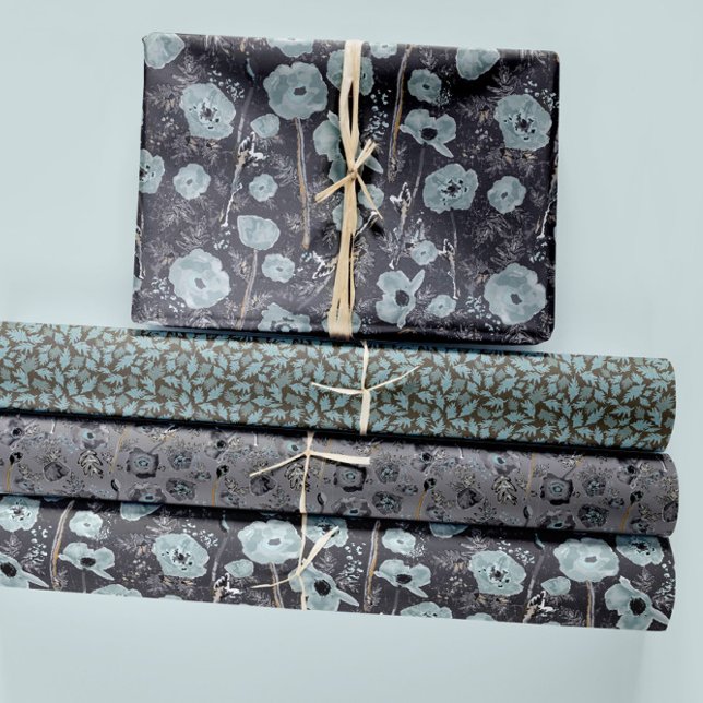 Floral Poppies Watercolor Blue Decoupage Geschenk Geschenkpapier Set (Poppies Watercolor Blue Gray Charcoal Floral Wrapping Paper Sheets. Studio Posies)