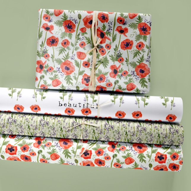 Floral Poppies Watercolor Decoupage Geschenkpapier Set (Beautiful Orange Watercolor Poppies Floral Wrapping Paper Sheets. Jenn Steffen-Studio Posies. )