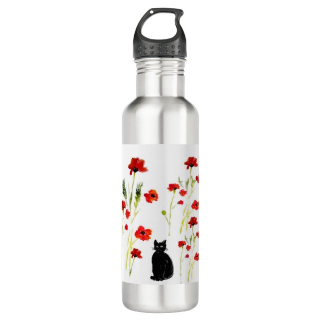 Floral Poppy Cute Cat Edelstahlflasche (Vorderseite)