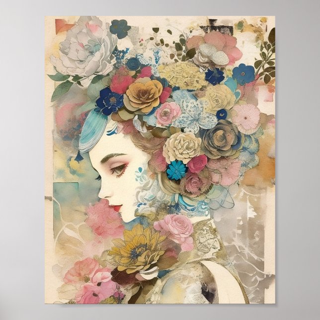 Floral Portrait Mixed Media Collage Ephemere Poster (Vorne)