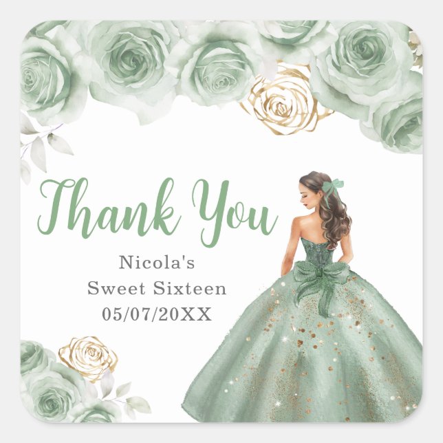 Floral Princess in a Green Dress Sweet Sixteen Quadratischer Aufkleber (Vorderseite)