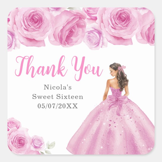 Floral Princess in a Pink Dress Sweet Sixteen  Quadratischer Aufkleber (Vorderseite)