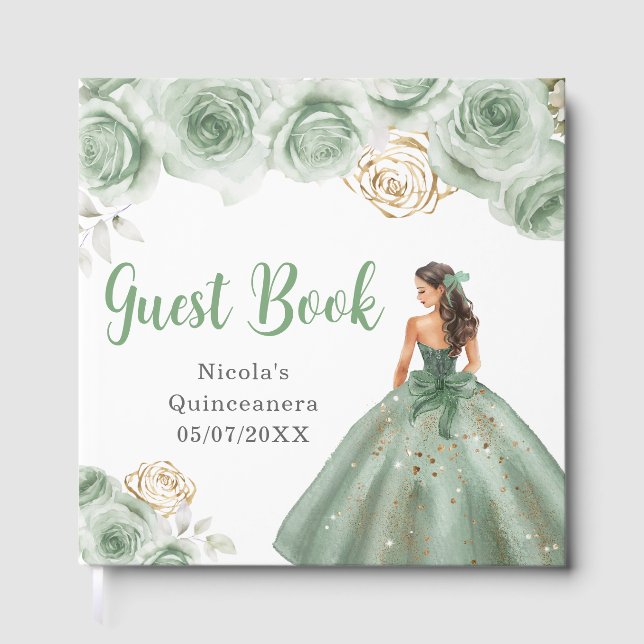 Floral Princess in a Sage Green Dress Quinceanera Gästebuch (Vorderseite)