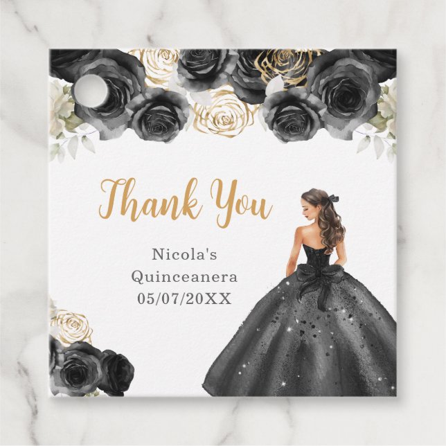 Floral Princess in Black Dress Quinceanera Geschenkanhänger (Vorderseite)