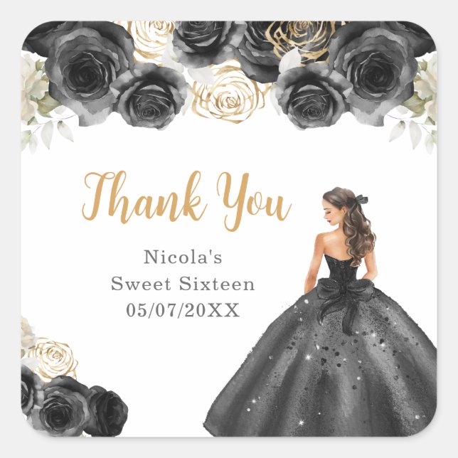 Floral Princess in Black Dress Sweet Sixteen Quadratischer Aufkleber (Vorderseite)