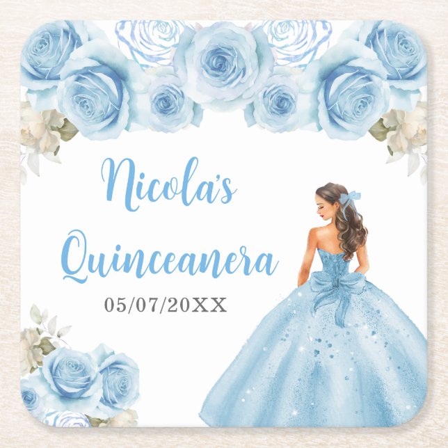 Floral Princess in Blue Dress Quinceanera Rechteckiger Pappuntersetzer (Vorderseite)