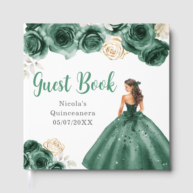 Floral Princess in Dark Green Dress Quinceanera Gästebuch (Vorderseite)