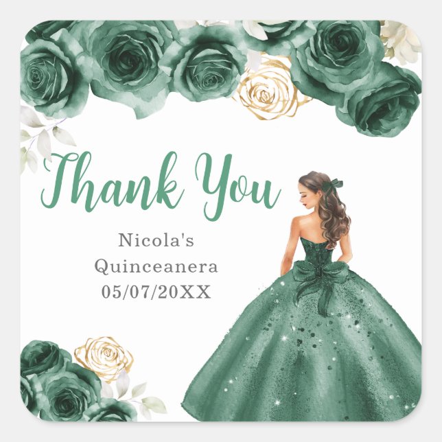 Floral Princess in Dark Green Dress Quinceanera Quadratischer Aufkleber (Vorderseite)