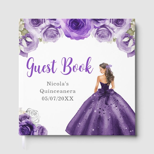 Floral Princess in Dark Purple Dress Quinceanera Gästebuch (Vorderseite)