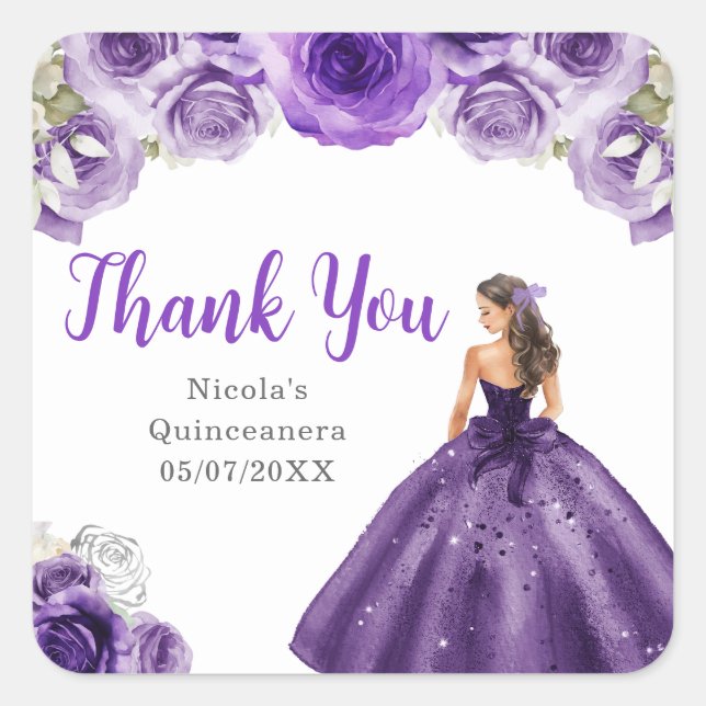 Floral Princess in Dark Purple Dress Quinceanera Quadratischer Aufkleber (Vorderseite)
