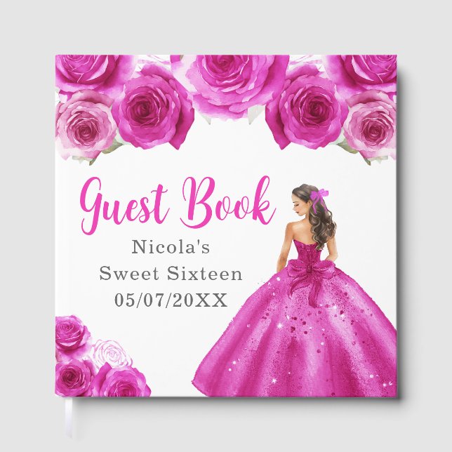 Floral Princess in Hot Pink Dress Sweet Sixteen Gästebuch (Vorderseite)