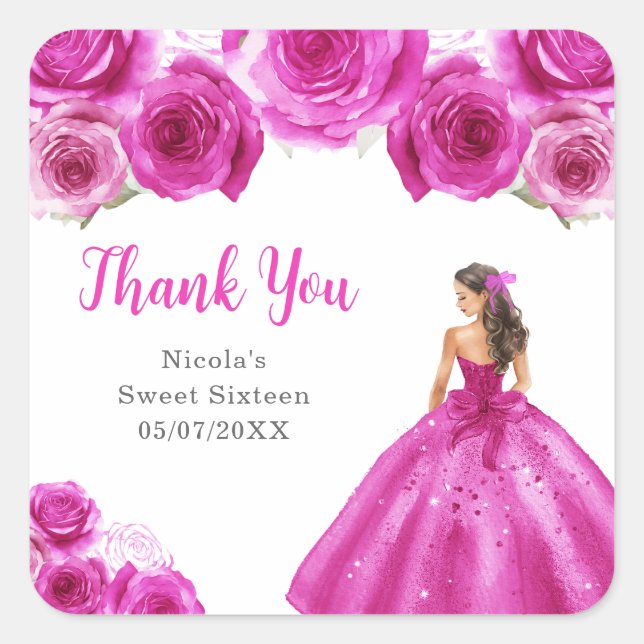 Floral Princess in Hot Pink Dress Sweet Sixteen Quadratischer Aufkleber (Vorderseite)