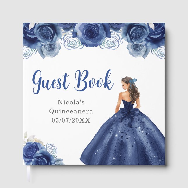 Floral Princess in Navy Blue Dress Quinceanera Gästebuch (Vorderseite)